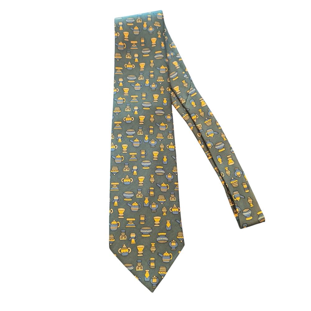 Liberty of London Silk Green Tea Pot Print Neck Tie Made in England